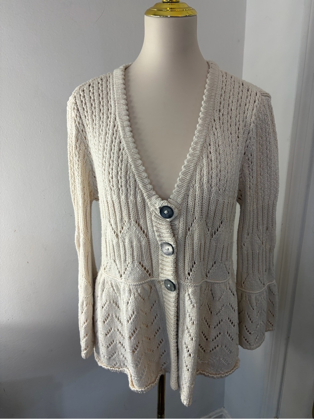 Pure handknit Babydoll Y2K boho Openwork V‑Neck Button Front Cardigan in Cream